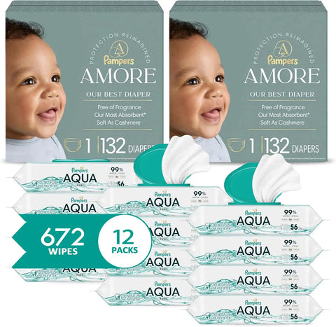 Pampers Amore Diapers Size 1, 2 x 132 Count, with Pampers Aqua Pure Water Based Baby Wipes 12X Flip-Top Packs (672 Count)