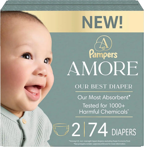 Pampers Amore, Size 2 (10-22 lbs), 74 Count, Our Best Diaper – Hypoallergenic & Fragrance Free, Up to 100% Leakproof, Soft as Cashmere