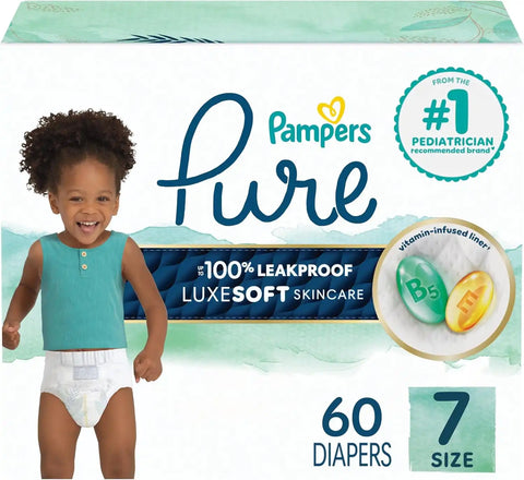 Pampers Baby Diapers - Pure Protection - Size 7, 60 Count, for up to 100% Leakproof, Premium Skin Protection