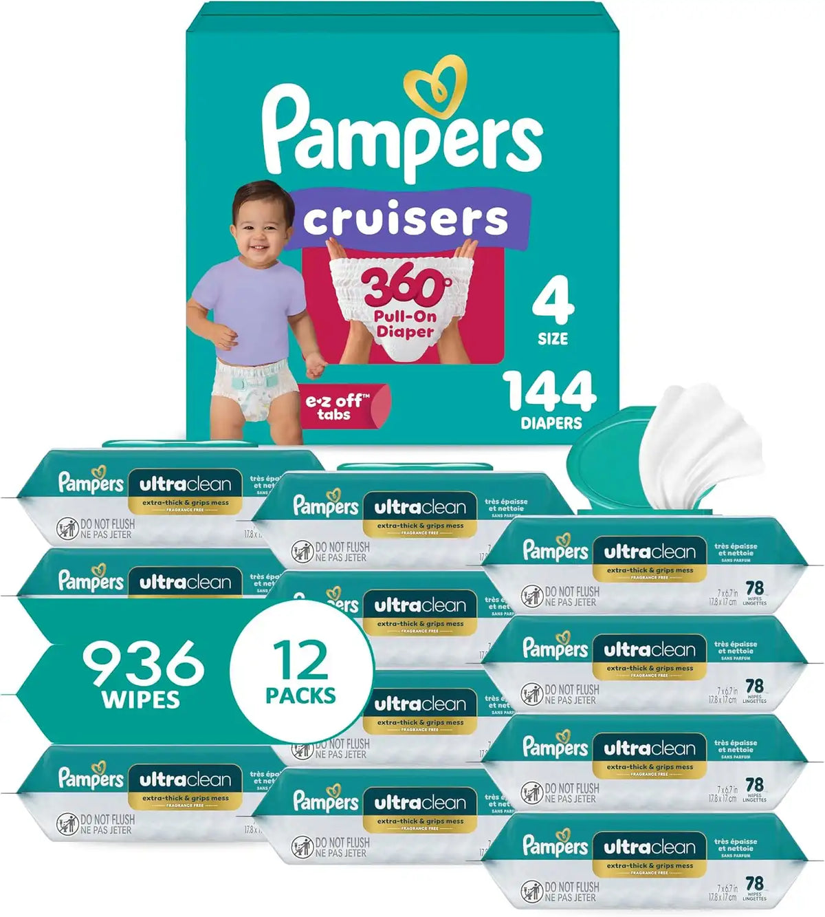 Pampers Pull On Cruisers 360° Fit Disposable Baby Diapers Size 4, 144 Count with Free & Gentle Baby Wipes 12 Flip-Top Packs (936 Wipes Total)