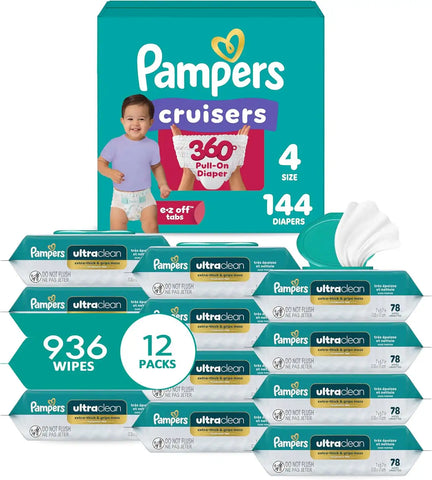 Pampers Pull On Cruisers 360° Fit Disposable Baby Diapers Size 4, 144 Count with Free & Gentle Baby Wipes 12 Flip-Top Packs (936 Wipes Total)