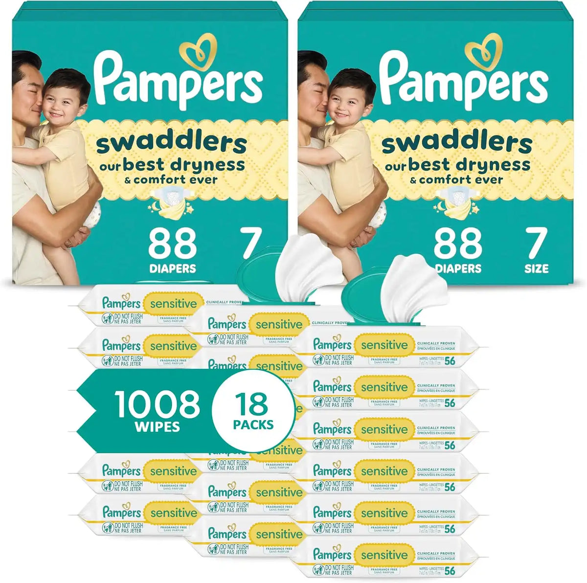 Pampers Swaddlers Disposable Baby Diapers Size 7, 2 Month Supply (2 x 88 Count) with Sensitive Water Based Baby Wipes 12X Multi Pack Pop-Top and Refill (1008 Count) [Packaging May Vary]