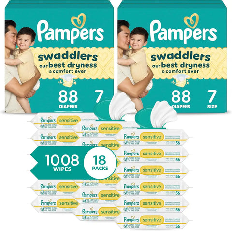 Pampers Swaddlers Disposable Baby Diapers Size 7, 2 Month Supply (2 x 88 Count) with Sensitive Water Based Baby Wipes 12X Multi Pack Pop-Top and Refill (1008 Count) [Packaging May Vary]
