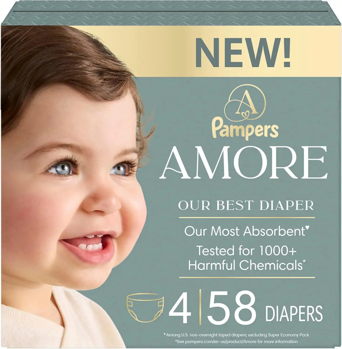 Pampers Amore, Size 4 (15-34 lbs), 58 Count, Our Best Diaper – Hypoallergenic & Fragrance Free, Up to 100% Leakproof, Soft as Cashmere