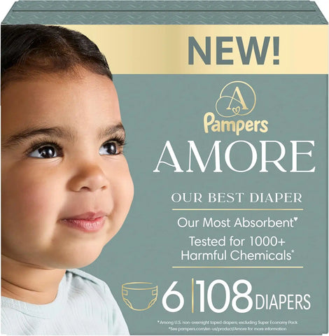Pampers Amore, Size 6 (23-44 lbs), 108 Count, Our Best Diaper – Hypoallergenic & Fragrance Free, Up to 100% Leakproof, Soft as Cashmere