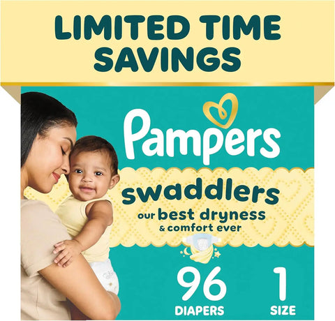 Pampers Swaddlers Diapers, Size 1 (8-14 lbs), 96 Count, Fragrance Free, Hypoallergenic, Absorbent, Pediatrician Recommended, Skin Safe