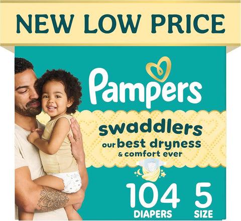 Pampers Swaddlers Diapers, Size 5 (20-37 lbs), 104 Count, Hypoallergenic, Absorbent, Keeps Baby Dry and Comfortable, Skin Safe Disposable Baby Diaper