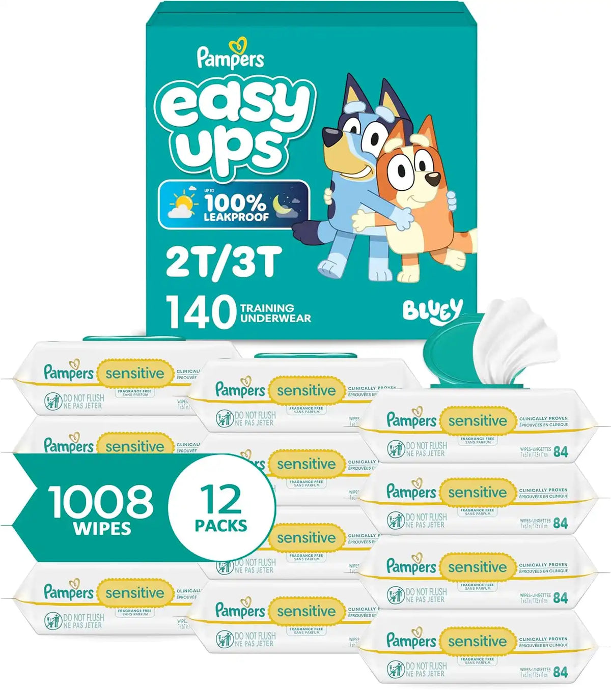 Pampers Easy Ups Pull On Bluey Training Pants Boys and Girls, 2T-3T, One Month Supply (140 Count) with Sensitive Water Based Baby Wipes 12 Flip-Top Packs (1008 Wipes Total)