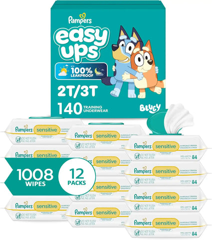 Pampers Easy Ups Pull On Bluey Training Pants Boys and Girls, 2T-3T, One Month Supply (140 Count) with Sensitive Water Based Baby Wipes 12 Flip-Top Packs (1008 Wipes Total)