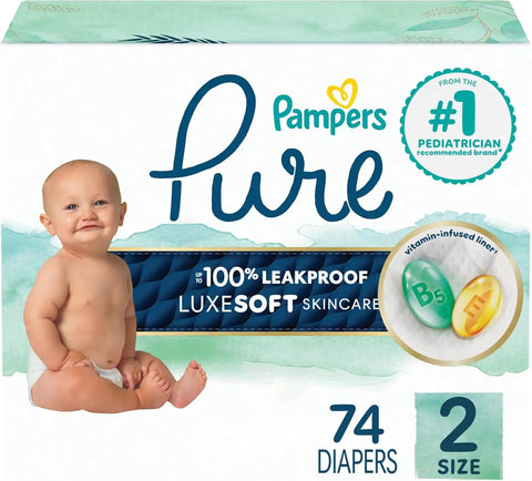Pampers Pure Baby Diapers, Size 2 (12-18 lbs), 74, Up to 100% Leakproof, Premium Hypoallergenic Soft Diapers