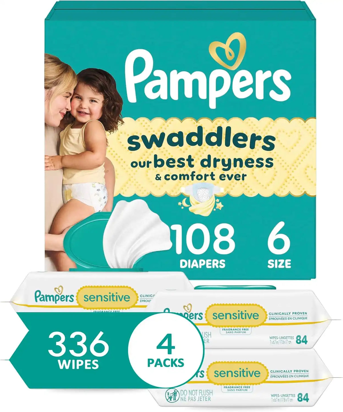 Pampers Swaddlers Disposable Baby Diapers Size 6, One Month Supply (108 Count) with Sensitive Water Based Baby Wipes 4X Pop-Top Packs (336 Count) [Packaging May Vary]