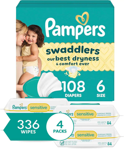 Pampers Swaddlers Disposable Baby Diapers Size 6, One Month Supply (108 Count) with Sensitive Water Based Baby Wipes 4X Pop-Top Packs (336 Count) [Packaging May Vary]