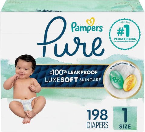 Pampers Pure Baby Diapers, Size 1 (8-14 lbs), 198, Up to 100% Leakproof, Premium Hypoallergenic Soft Diapers