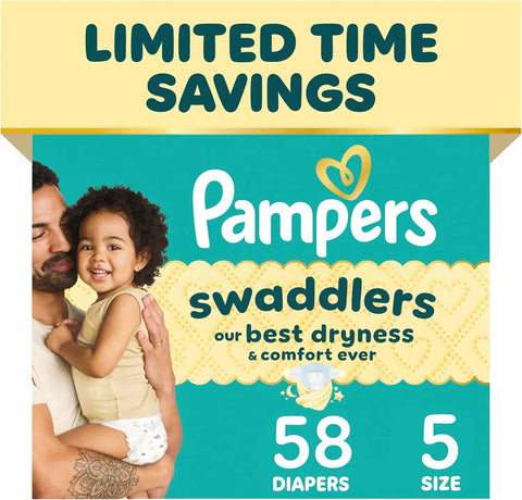 Pampers Swaddlers Diapers, Size 5 (20-37 lbs), 58 Count, Hypoallergenic, Absorbent, Keeps Baby Dry and Comfortable, Skin Safe Disposable Baby Diaper