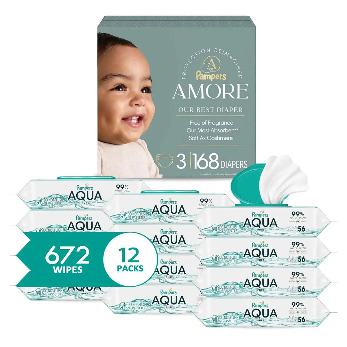 Bundle of Pampers Amore, Size 3 (13-26 lbs), 168 Count, Pampers Baby Wipes Aqua Pure, 99% Water-Based Wipes, Hypoallergenic and Unscented Baby Wipes, 672 Wipes Total (12 Flip-Top Packs)