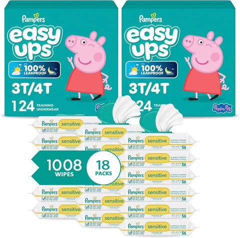 Pampers Easy Ups Pull On Training Underwear Girls, 3T-4T, 2 Month Supply (2 x 124 Count) with Sensitive Water Based Baby Wipes 12X Multi Pack Pop-Top and Refill (1008 Count)