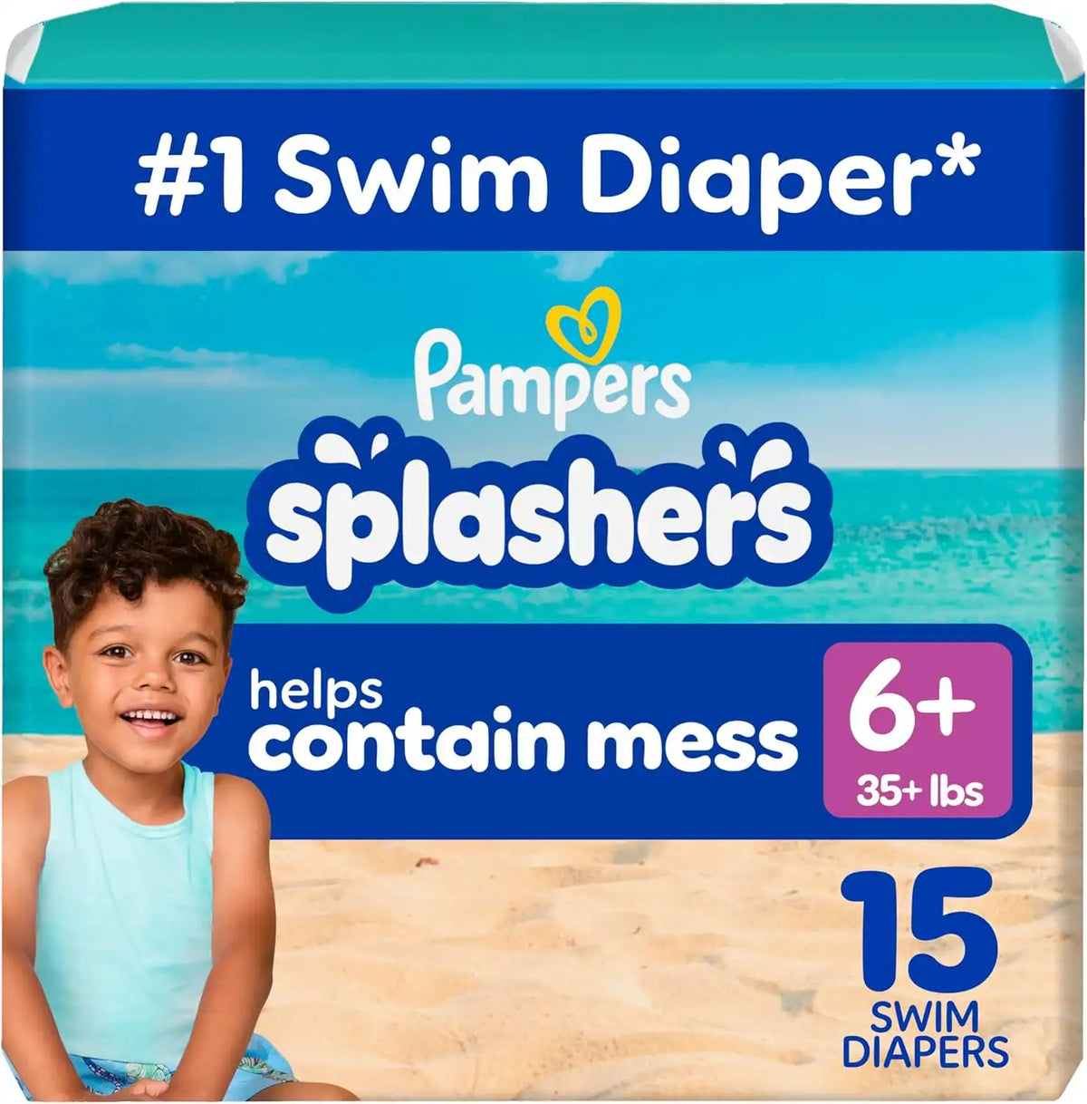 Pampers Splashers Swim Diapers, Size 6+, 15 Count, Disposable Swim Diapers, Contains Mess, No Swell