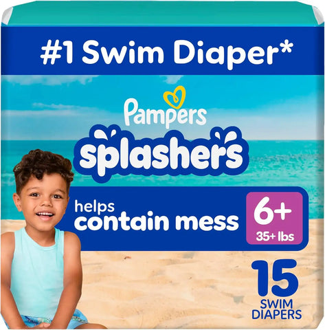 Pampers Splashers Swim Diapers, Size 6+, 15 Count, Disposable Swim Diapers, Contains Mess, No Swell