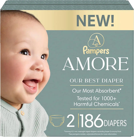 Pampers Amore, Size 2 (10-22 lbs), 186 Count, Our Best Diaper – Hypoallergenic & Fragrance Free, Up to 100% Leakproof, Soft as Cashmere