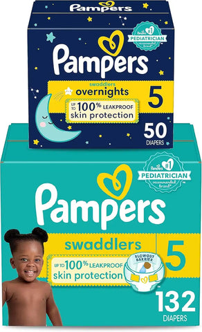Pampers Disposable Diapers Size 5, Swaddlers 132 Count + Overnight (50 Count)