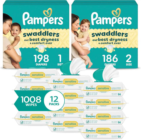 Pampers Baby Diapers and Wipes Starter Kit - Swaddlers Disposable Diapers Sizes 1 (198 Count) & 2 (186 Count) With Sensitive Water Based Wipes 12 Flip-Top Packs (1008 Total)