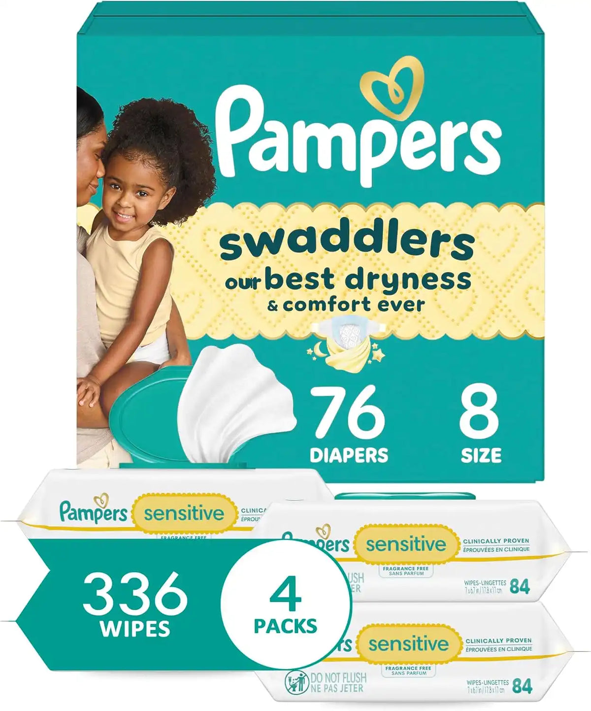 Pampers Swaddlers Disposable Baby Diapers Size 8, One Month Supply (76 Count) with Sensitive Water Based Baby Wipes 4X Pop-Top Packs (336 Count)