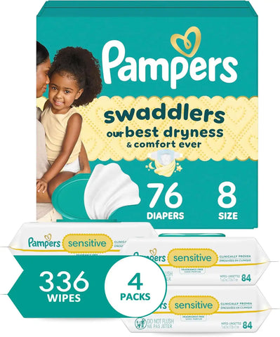 Pampers Swaddlers Disposable Baby Diapers Size 8, One Month Supply (76 Count) with Sensitive Water Based Baby Wipes 4X Pop-Top Packs (336 Count)