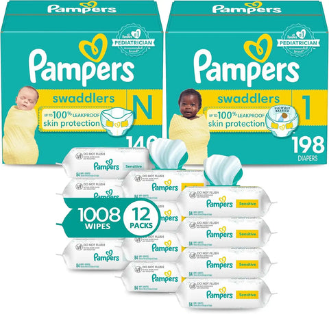 Pampers Swaddlers Disposable Baby Diapers, Newborn/Size 0, 140 Count and Swaddlers Disposable Baby Diapers, Size 1 (8-14 lbs), 198 Count