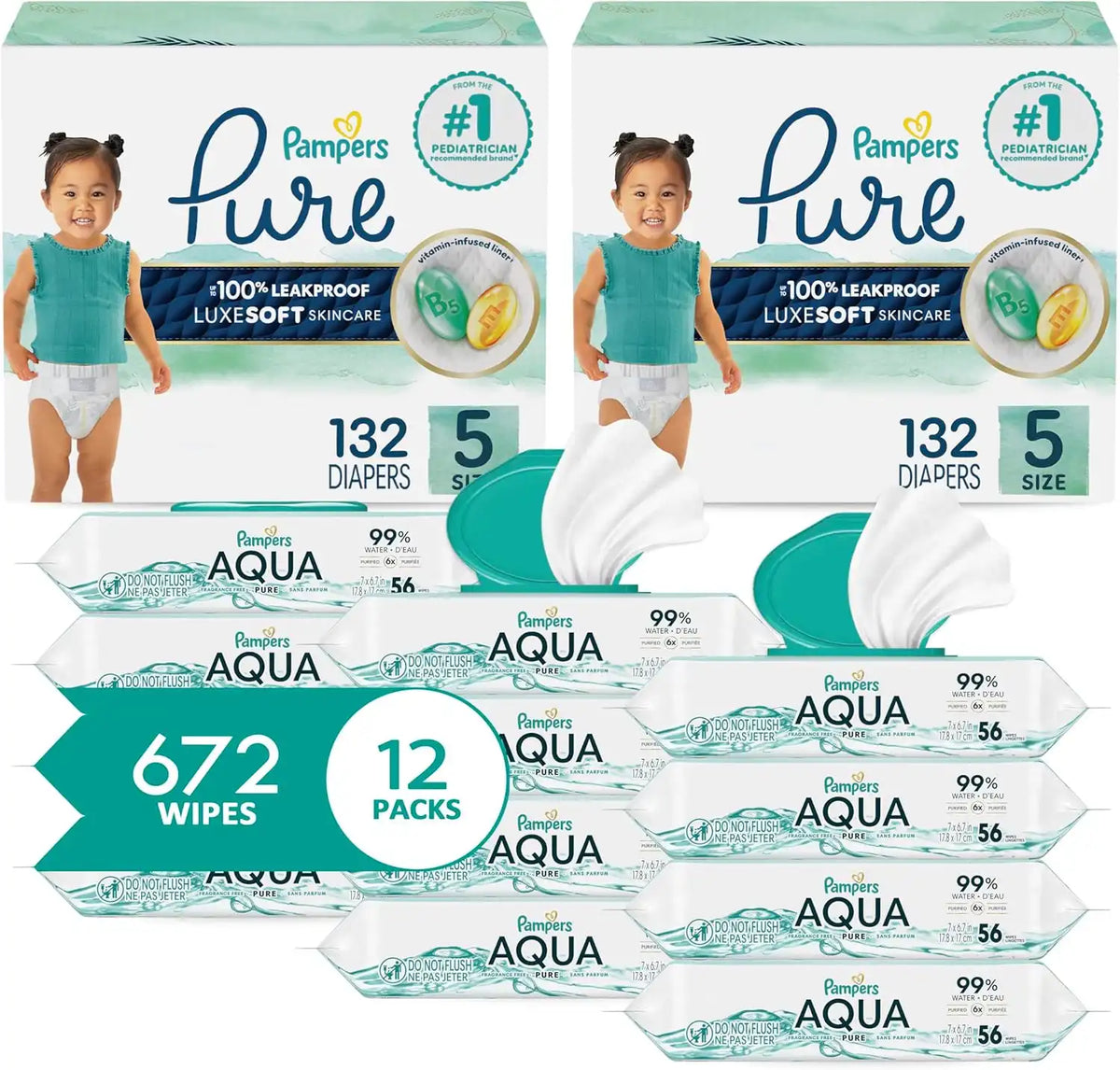 Pampers Pure Protection Disposable Baby Diapers Size 5, 2 Month Supply (2 x 132 Count) with Aqua Pure Sensitive Baby Wipes, 12X Pop-Top Packs (672 Count)