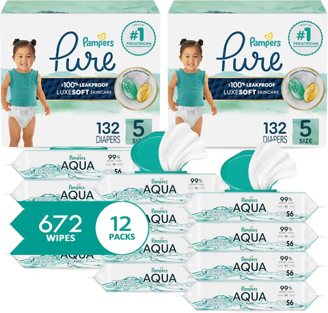 Pampers Pure Protection Disposable Baby Diapers Size 5, 2 Month Supply (2 x 132 Count) with Aqua Pure Sensitive Baby Wipes, 12X Pop-Top Packs (672 Count)