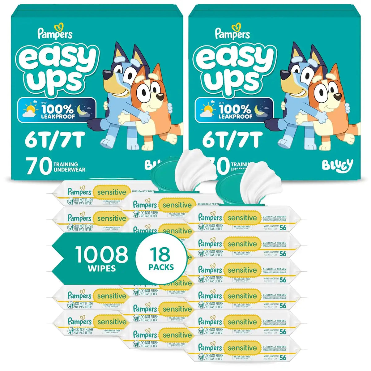 Pampers Easy Ups Pull On Training Underwear Boys, 6T-7T, 2 Month Supply (2 x 70 Count) with Sensitive Water Based Baby Wipes 12X Multi Pack Pop-Top and Refill (1008 Count)