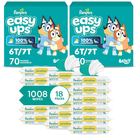 Pampers Easy Ups Pull On Training Underwear Boys, 6T-7T, 2 Month Supply (2 x 70 Count) with Sensitive Water Based Baby Wipes 12X Multi Pack Pop-Top and Refill (1008 Count)