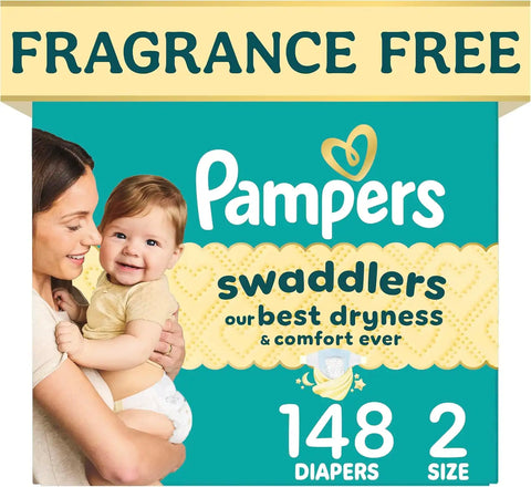 Pampers Swaddlers Diapers, Size 2 (10-22 lbs), 148 Count, Fragrance Free, Hypoallergenic, Absorbent, Pediatrician Recommended, Skin Safe