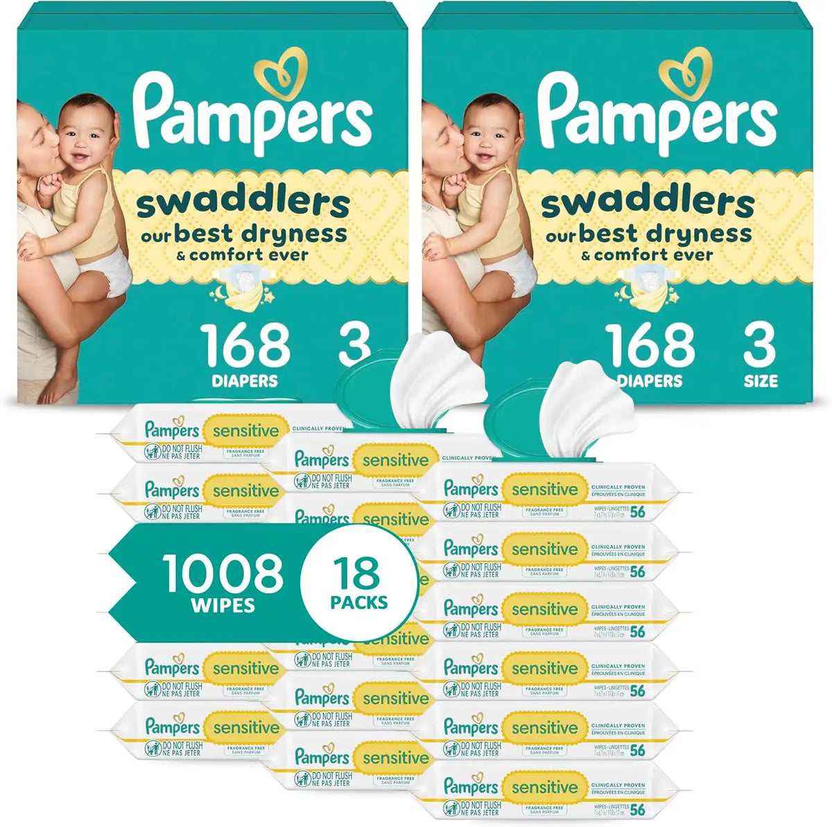 Pampers Swaddlers Disposable Baby Diapers Size 3, 2 Month Supply (2 x 168 Count) Sensitive Water Based Baby Wipes 12X Multi Pack Pop-Top and Refill (1008 Count) [Packaging May Vary]