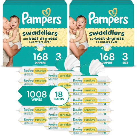 Pampers Swaddlers Disposable Baby Diapers Size 3, 2 Month Supply (2 x 168 Count) Sensitive Water Based Baby Wipes 12X Multi Pack Pop-Top and Refill (1008 Count) [Packaging May Vary]