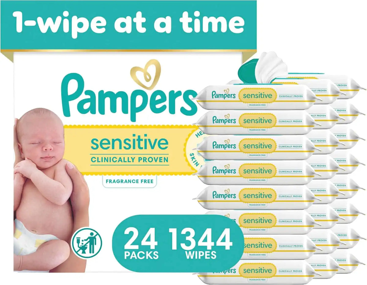 Pampers Sensitive Baby Wipes, Clinically Proven, Fragrance Free, Unscented, Water Based, Hypoallergenic, Multi-Use, Hand Wipes 1344 Wipes Total (24X Flip-Top Packs) [Packaging May Vary]