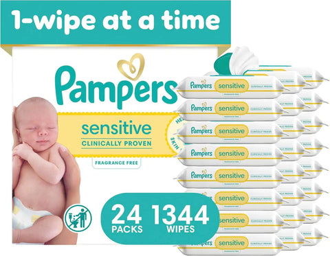 Pampers Sensitive Baby Wipes, Clinically Proven, Fragrance Free, Unscented, Water Based, Hypoallergenic, Multi-Use, Hand Wipes 1344 Wipes Total (24X Flip-Top Packs) [Packaging May Vary]
