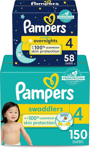 Pampers Disposable Diapers Size 4, Swaddlers 150 Count + Overnight (58 Count)
