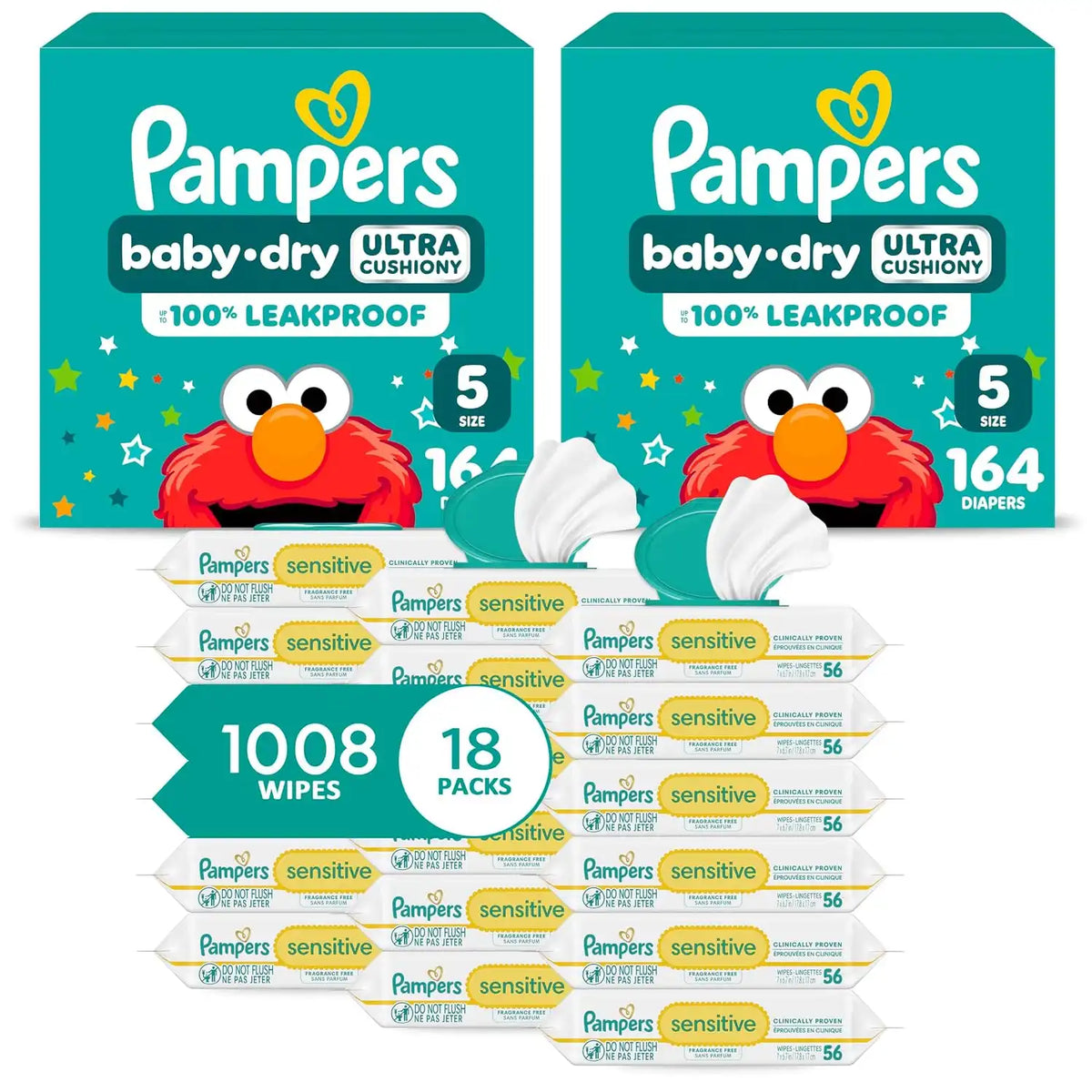 Pampers Baby Dry Disposable Baby Diapers Size 5, 2 Month Supply (2 x 164 Count) with Sensitive Water Based Baby Wipes 12X Multi Pack Pop-Top and Refill (1008 Count) [Packaging May Vary]