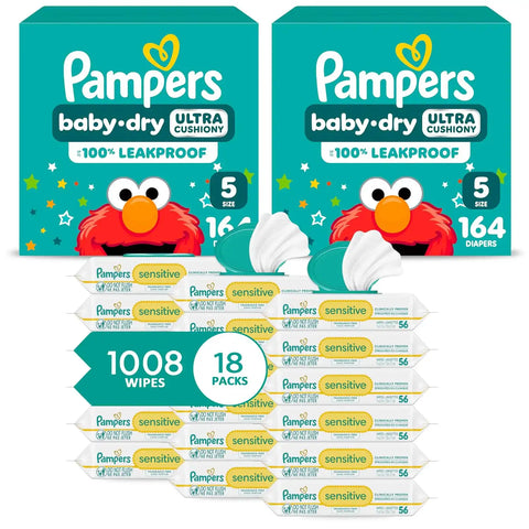 Pampers Baby Dry Disposable Baby Diapers Size 5, 2 Month Supply (2 x 164 Count) with Sensitive Water Based Baby Wipes 12X Multi Pack Pop-Top and Refill (1008 Count) [Packaging May Vary]