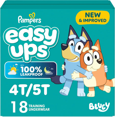 Easy Ups Girls & Boys Potty Training Pants, Size 6 (4T5T), 18 Count, Bluey Absorbent Training Underwear, Up to 100% Leakproof Day and Night, Hypoallergenic