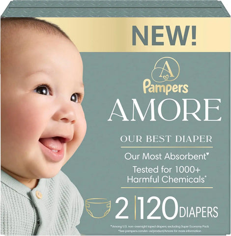 Pampers Amore, Size 2 (10-22 lbs), 120 Count, Our Best Diaper – Hypoallergenic & Fragrance Free, Up to 100% Leakproof, Soft as Cashmere