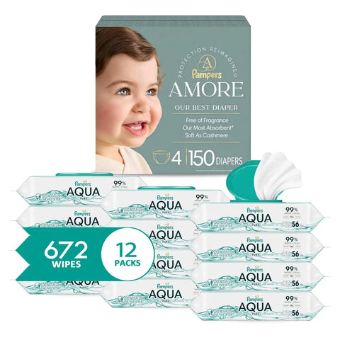 Bundle of Pampers Amore, Size 4 (15-34 lbs), 150 Count, Pampers Baby Wipes Aqua Pure, 99% Water-Based Wipes, Hypoallergenic and Unscented Baby Wipes, 672 Wipes Total (12 Flip-Top Packs)