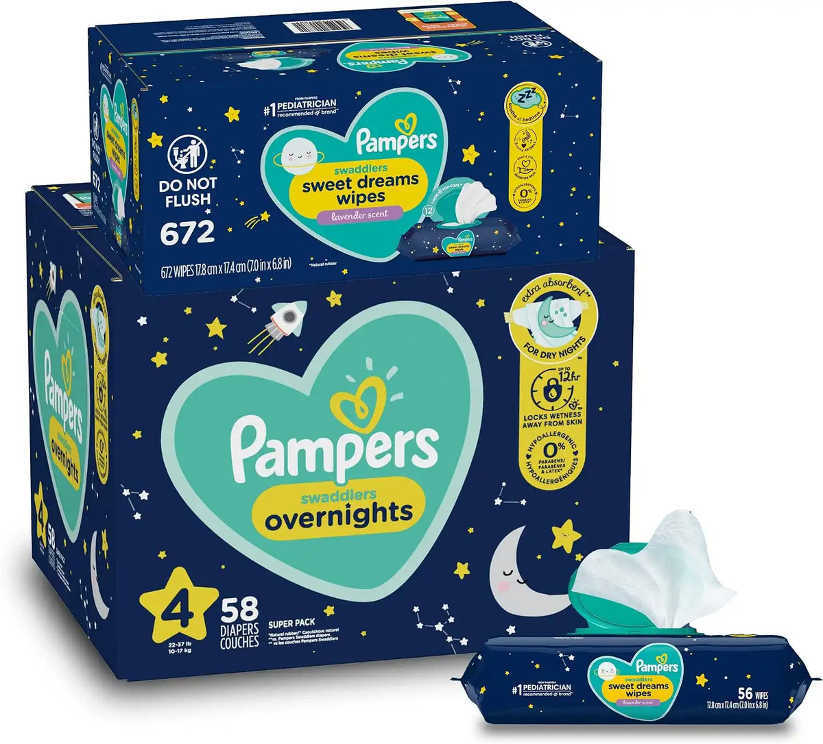 Overnight Diapers Size 4, 58 Count and Baby Wipes - Pampers Swaddlers Overnights Disposable Baby Diapers and Sweet Dreams Wipes, 12X Pop-Top (672 Count)