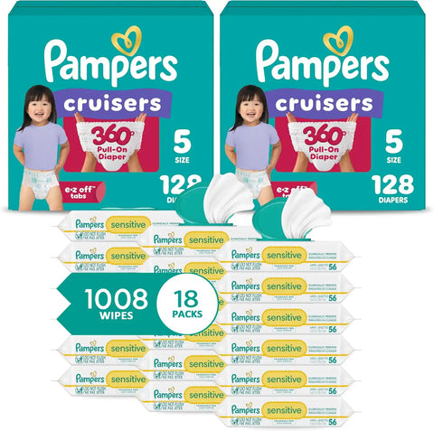Pampers Pull On Cruisers 360° Fit Disposable Baby Diapers Size 5, 2 Months Supply (2 x 128 Count) with Sensitive Water Based Baby Wipes 12X Multi Pack Pop-Top and Refill (1008 Count)