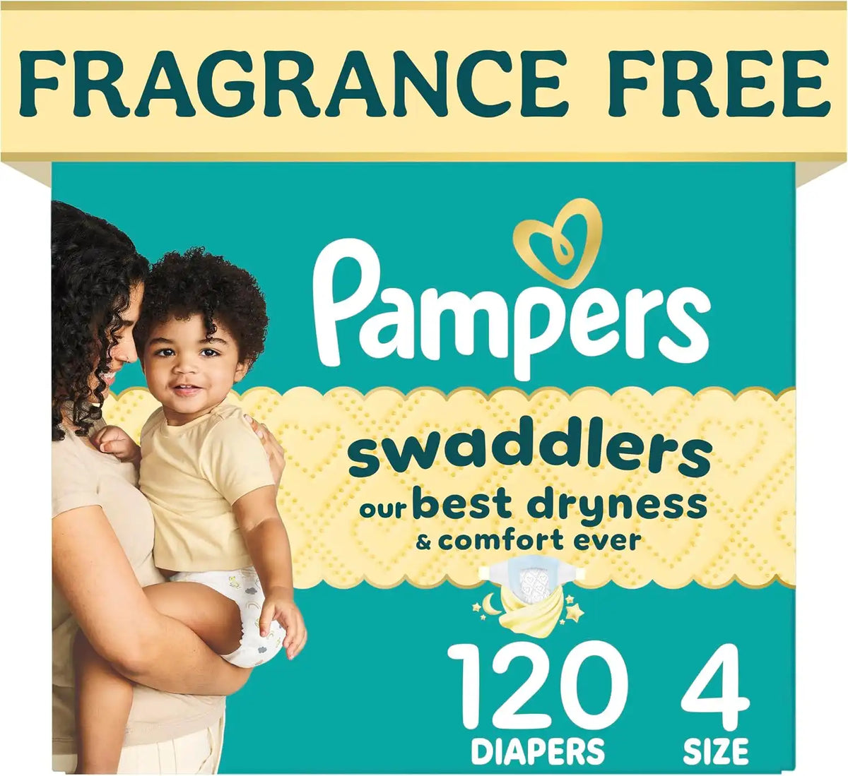 Pampers Swaddlers Diapers, Size 4 (15-34 lbs), 120 Count, Fragrance Free, Hypoallergenic, Absorbent, Pediatrician Recommended, Skin Safe