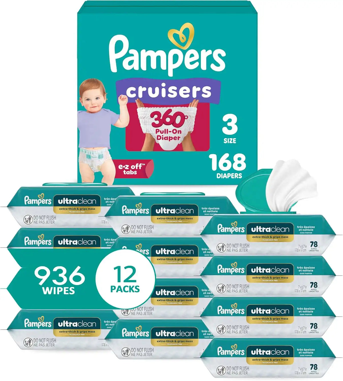 Pampers Pull On Cruisers 360° Fit Disposable Baby Diapers Size 3, One Month Supply (168 Count) with Free & Gentle Baby Wipes 12 Flip-Top Packs (936 Wipes Total)