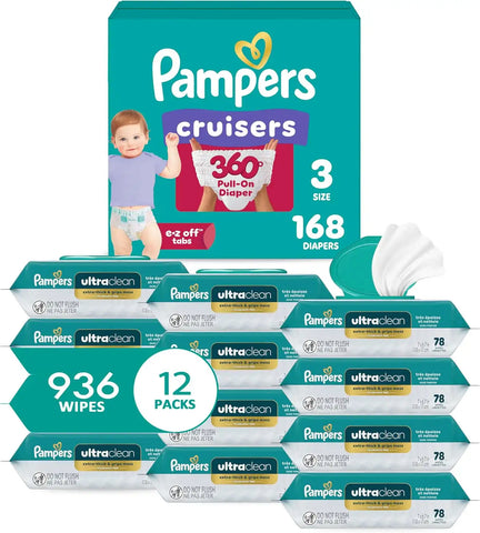 Pampers Pull On Cruisers 360° Fit Disposable Baby Diapers Size 3, One Month Supply (168 Count) with Free & Gentle Baby Wipes 12 Flip-Top Packs (936 Wipes Total)