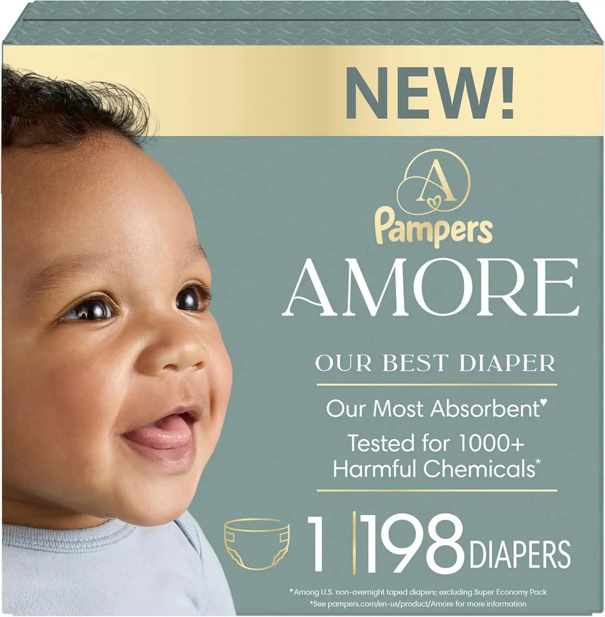 Pampers Amore, Size 1 (8-14 lbs), 198 Count, Our Best Diaper – Hypoallergenic & Fragrance Free, Up to 100% Leakproof, Soft as Cashmere