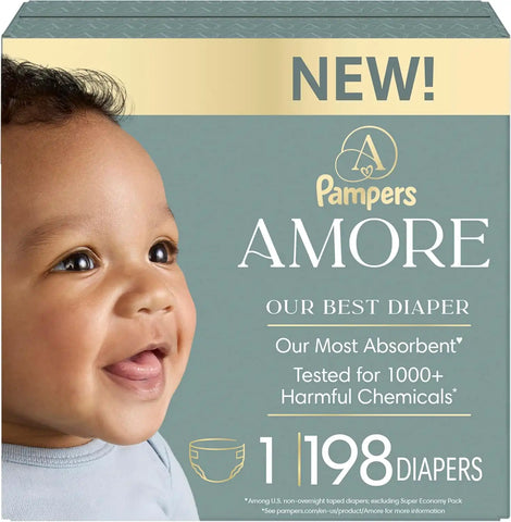 Pampers Amore, Size 1 (8-14 lbs), 198 Count, Our Best Diaper – Hypoallergenic & Fragrance Free, Up to 100% Leakproof, Soft as Cashmere